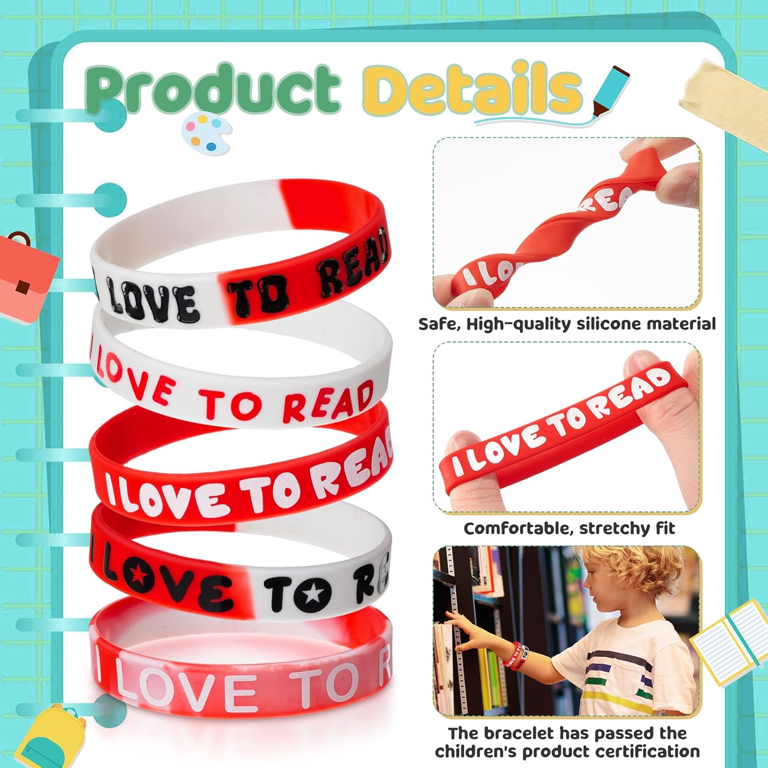 60 PCS I Love to Read Rubber Bracelets Reading Motivational Wristbands Rubber Bracelets for Kids Book Lovers Kids Students Back to School Gifts Rewards Teachers Classroom Decoration Party