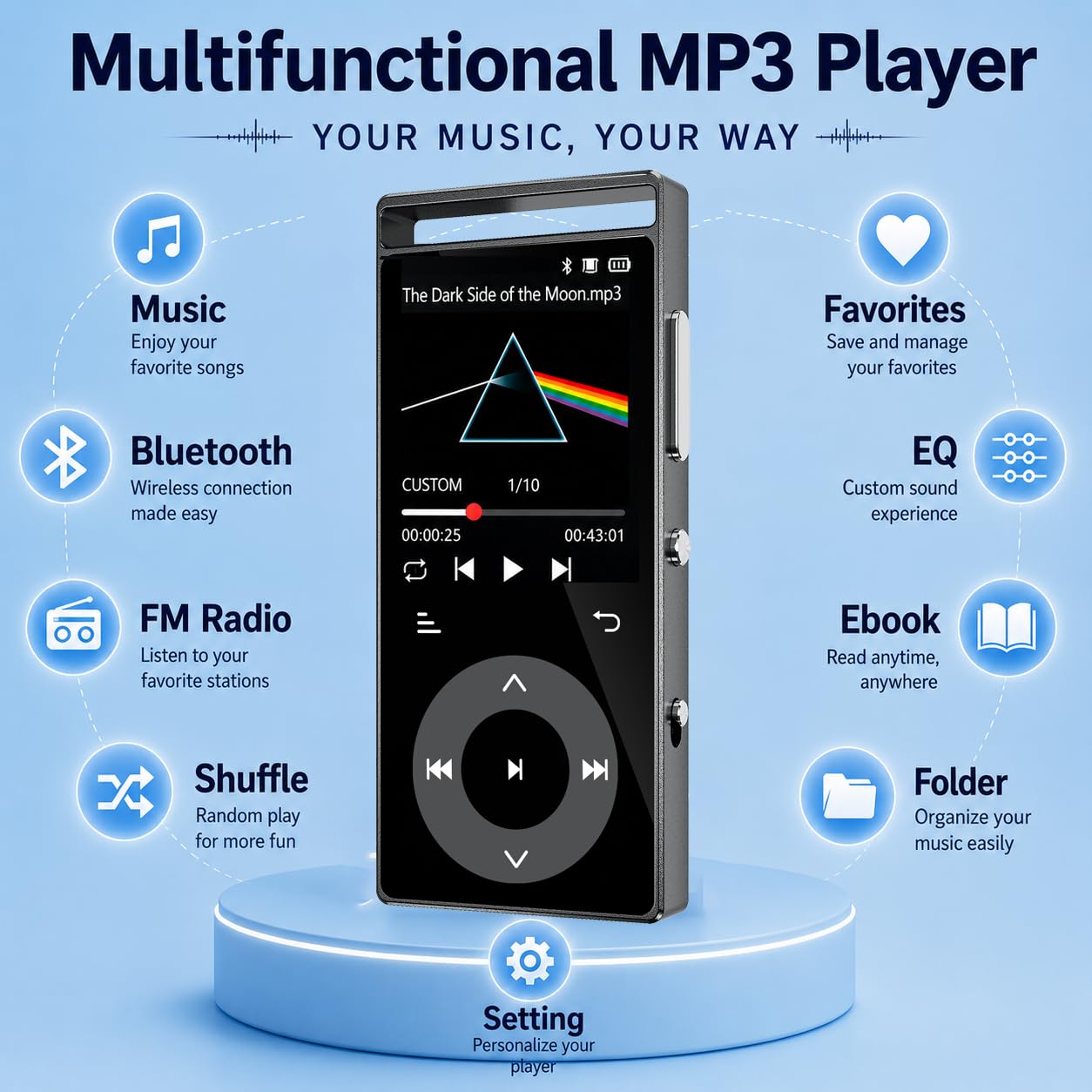 90GB MP3 Player Bluetooth 5.3, HiFi-Sound MP3-Player mit Touch-Tasten | MP3 mit Musik, Farbdisplay, Metallgehäuse, E-Book, FM-Radio, Kopfhörer, Speicher bis 128 GB erweiterbar (Schwarz)