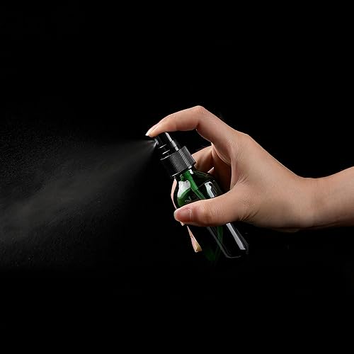 Miniatura 4 de Botella de vidrio verde de 2 onzas, botellas de vidrio Boston de niebla fina con pulverizador de niebla fina negra, botellas pequeñas transparentes