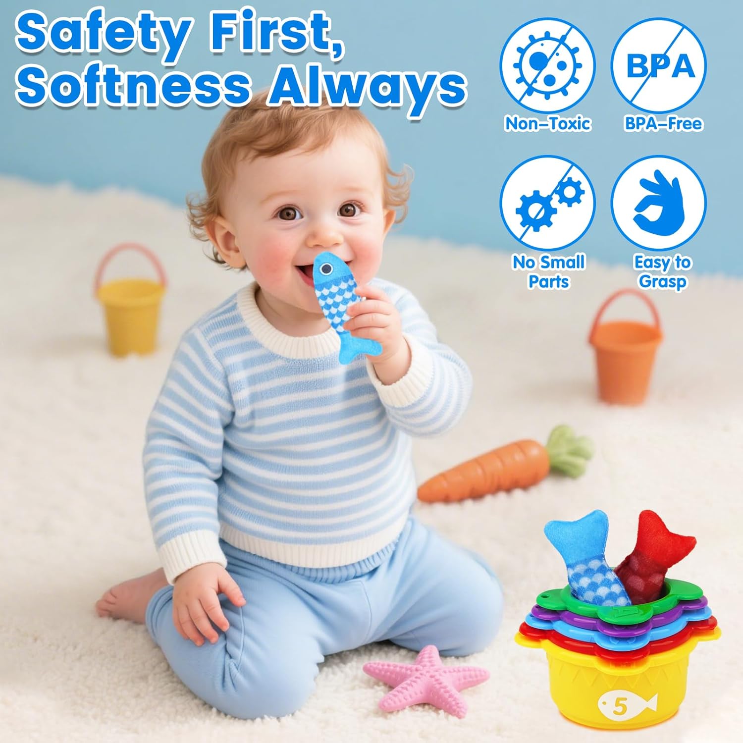 Montessori Toys for 1 Year Old Boy Girl - Toddler Toys Cloth Fishing Game with Stacking Cups - Sorting Learning Baby Toy 12-18 Months One Year Old Boys Girls First Birthday Gifts for 1 2 Year Old