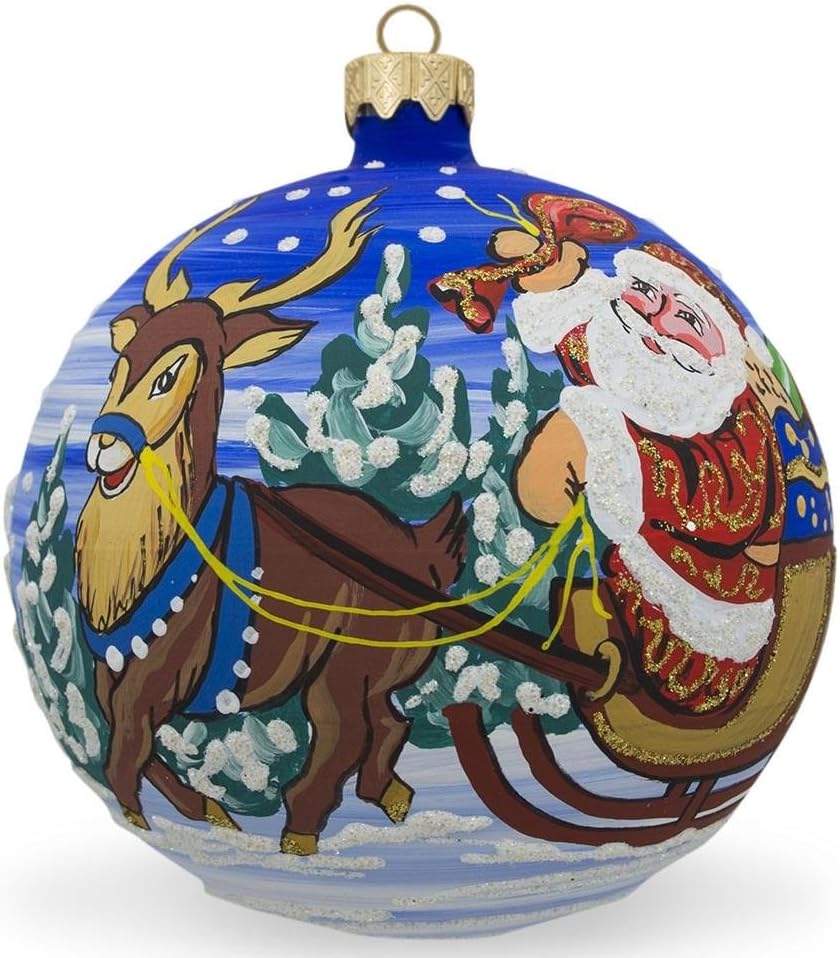Santa in Sleigh with Reindeer Glass Ball Christmas Ornament 4 Inches - Image 5