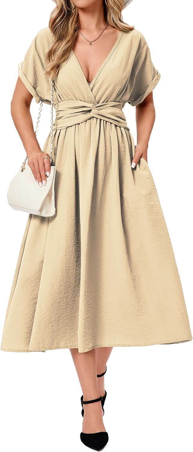 Women's Summer Casual Short Sleeve Wrap Elastic Wasit Deep V Neck Mid A-Line Loose Dress 2025 - Image 6