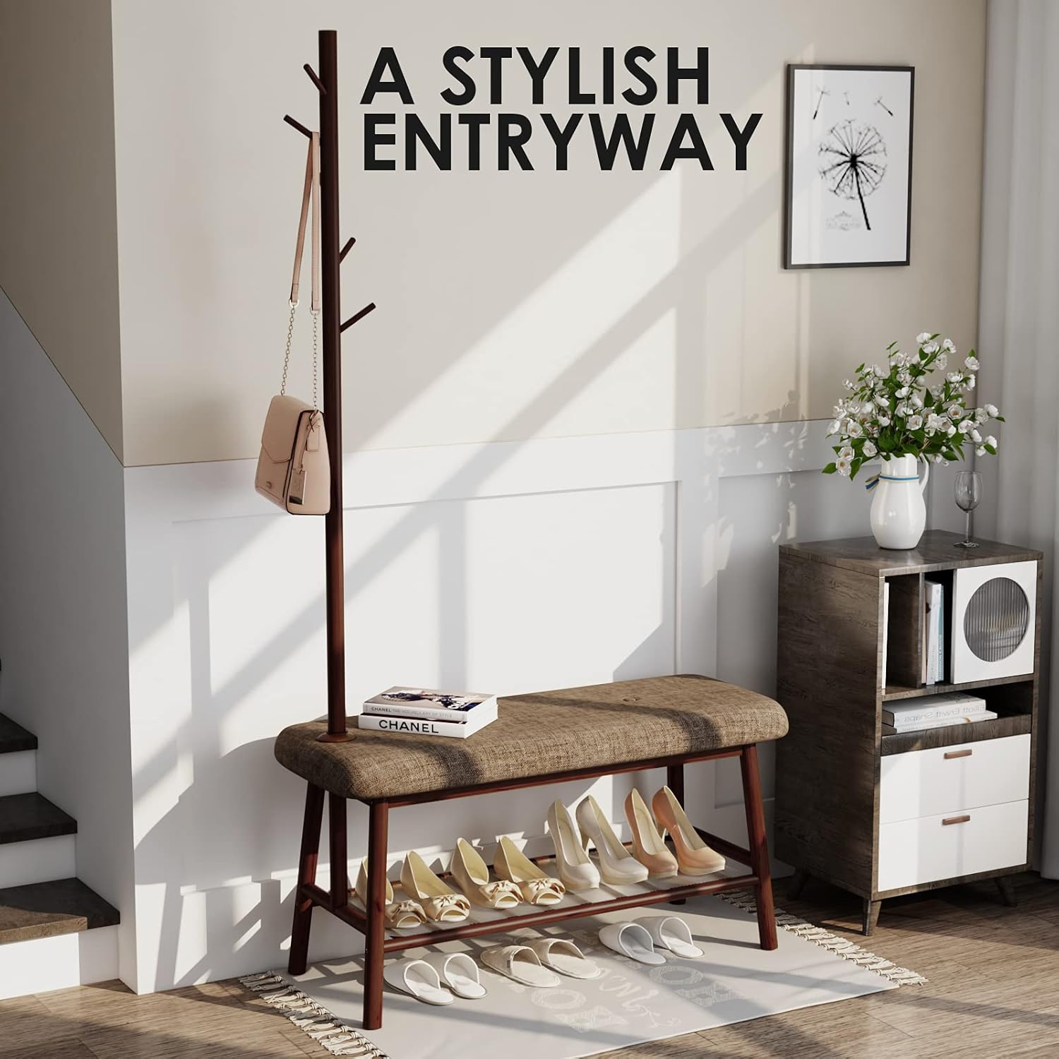 Prоmо 40% оƒƒ Bamworld Entryway Bench with Coat Rack and Shoe Bench for Entryway, Hall Tree Bench with Storage, Bamboo 3-in-1 Design(Brown)