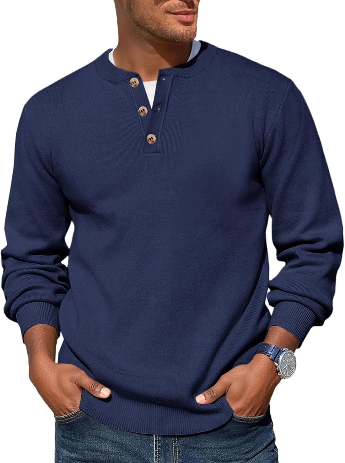 Runcati Mens Henley Knit Sweater Long Sleeve Quarter Button Pullover Sweaters Casual Fall Tops