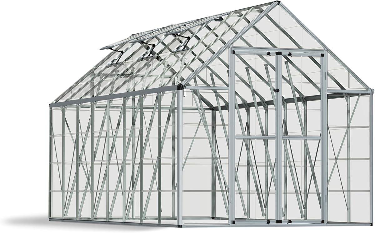 Palram - Canopia Snap & Grow 8' x 16' Polycarbonate Greenhouse, Silver | Outdoor Backyard Home Garden Walk-In DIY Kit, Clear UV Protected Panels, Heavy-Duty Aluminum Frame, Lockable Door, Roof Vents