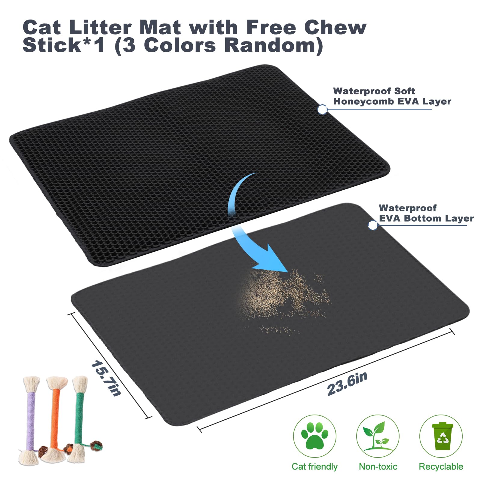 Cat Litter Mat 30"x24" Double Layer Waterproof & Non-Slip - Honeycomb Washable EVA Large Litter Mat for Scatter Control, Urine Proof Litter Trapping Mat for Litter Box(Black) - image 2