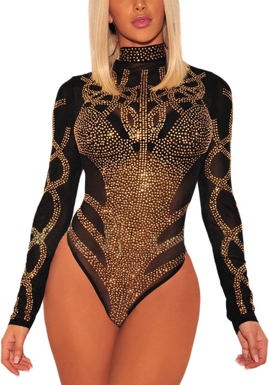 Uranus Women's Sheer Long Sleeve Faux Bustier Mesh Bodysuit Gold Rhinestone Clubwear - M