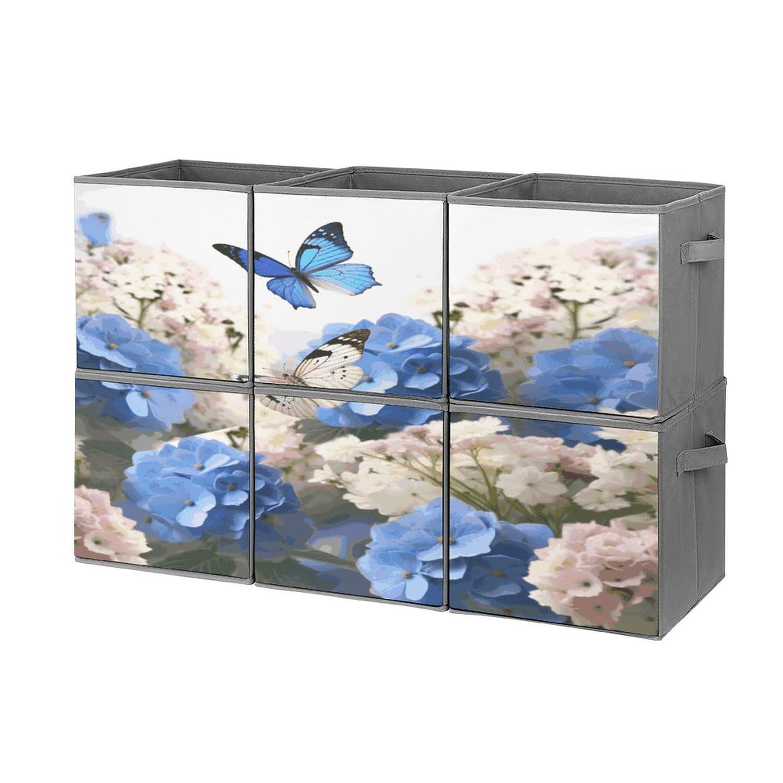 Btcowzrv Style Hydrangeas Daisies Butterflies Storage Cubes, 6 Pack Oxford Fabric Foldable Collapsible Bins With Handles, Cubby Storage Baskets Boxes For Closet Shelves Office Organization