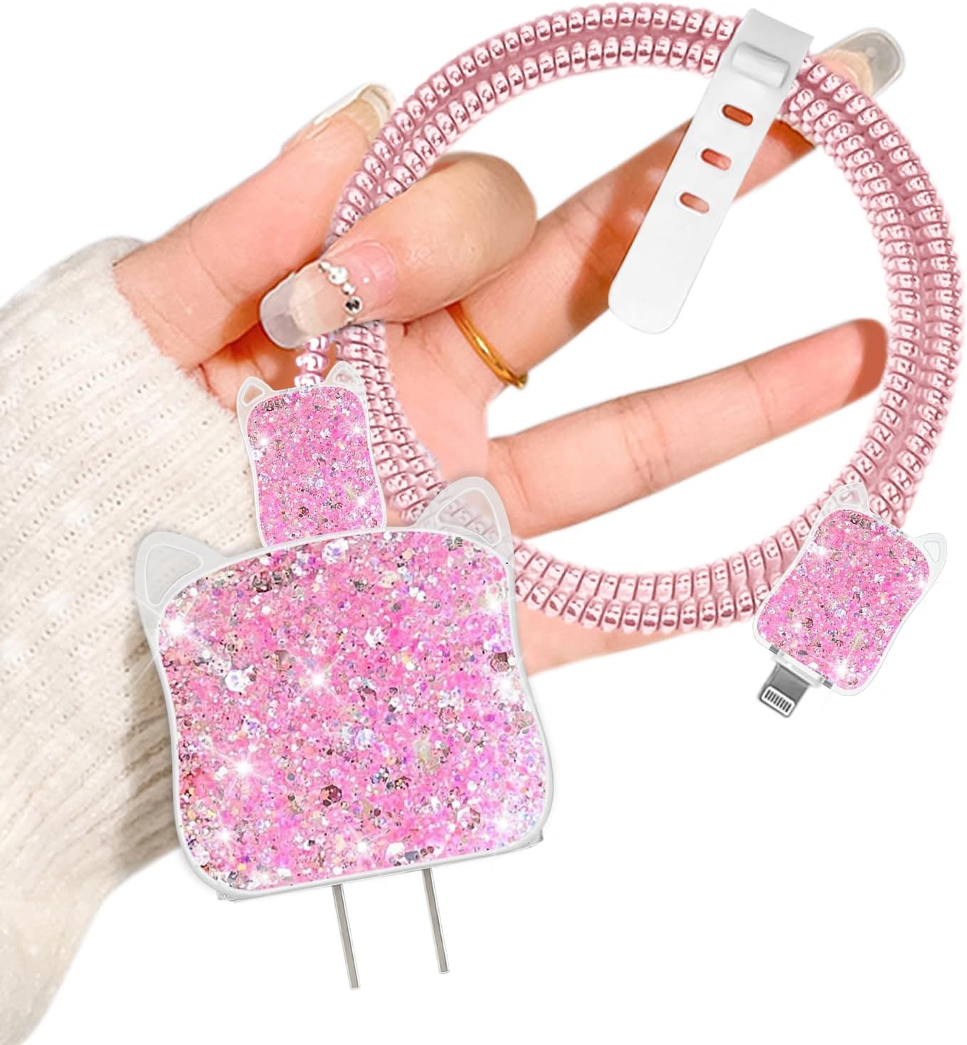 Luxury Cable Protector for Apple Charger Clear Cute Cat Head Shape Design, Sparkle Luxury Design Clear Soft Data Line Cable Cord Saver Phone Charging Protector for iPhone(Pink)