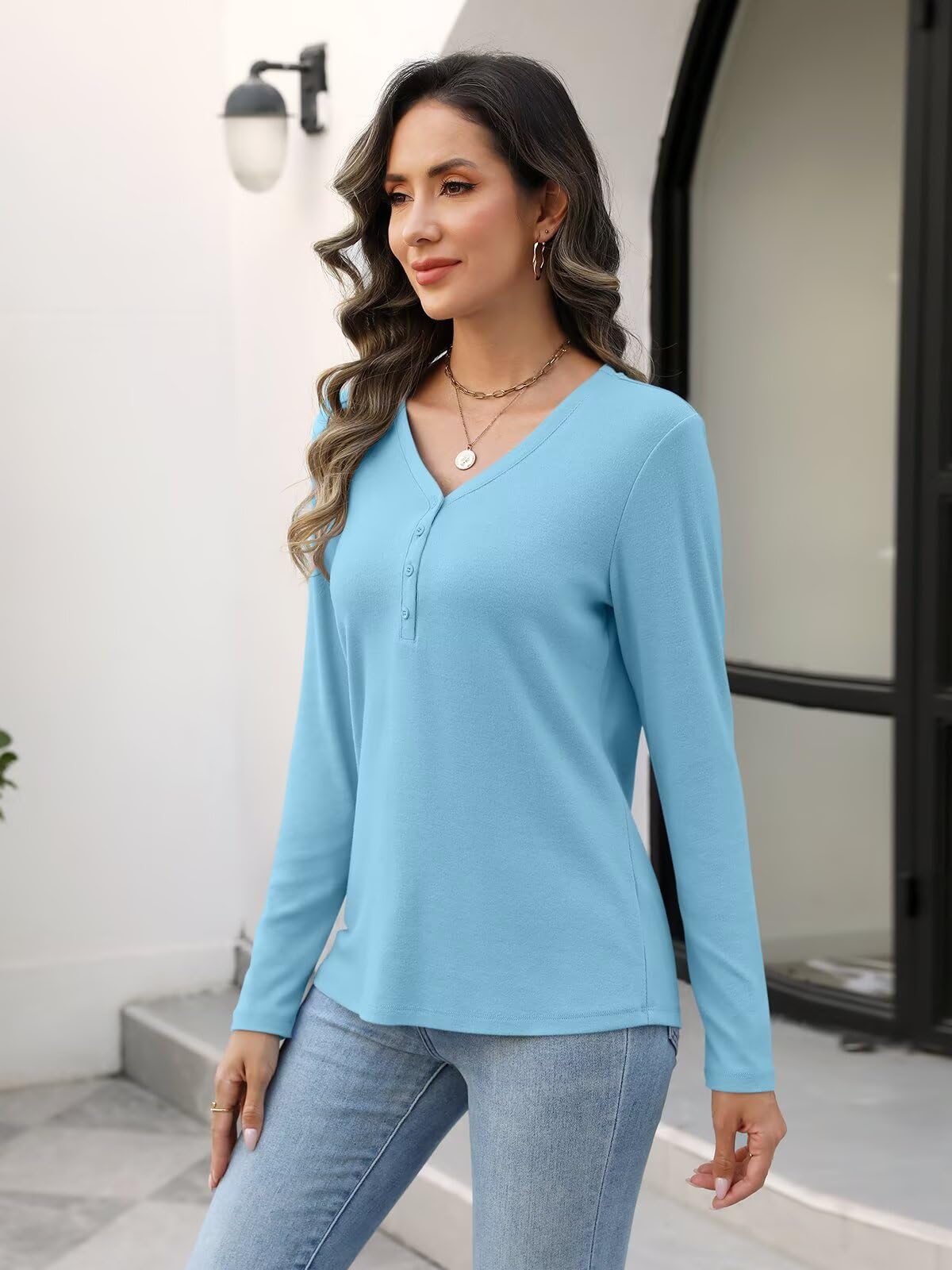 Minetom Camisetas de manga larga con cuello en V para mujer, blusas estilo Henley