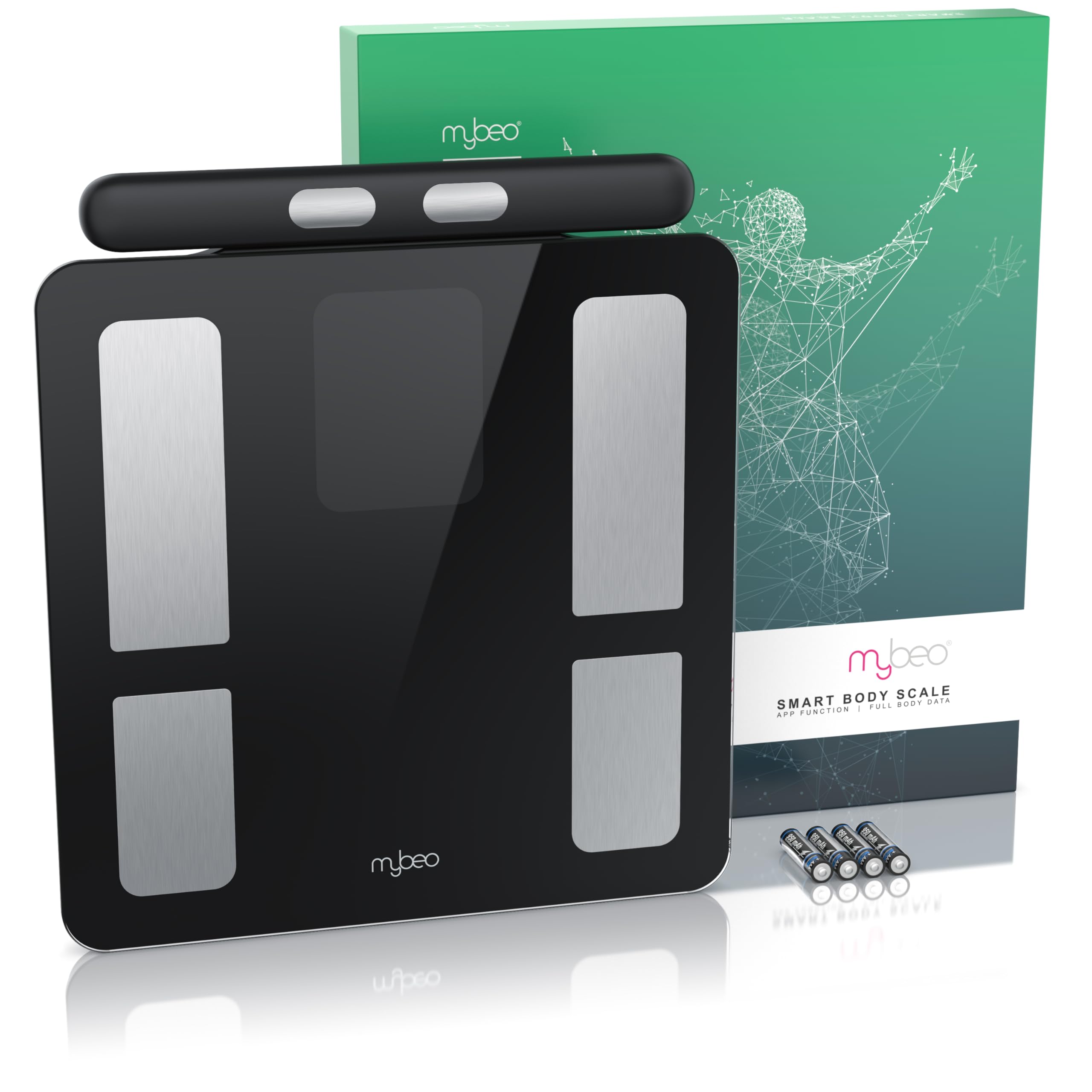 Mybeo - Körperfettwaage mit Handsensoren - mit App - Digitale Bluetooth Körperwaage - Personenwaage Multifunktionswaage - Digitale Anzeige – Handgriff für präzise Ergebnisse - mit Körperfettanalyse