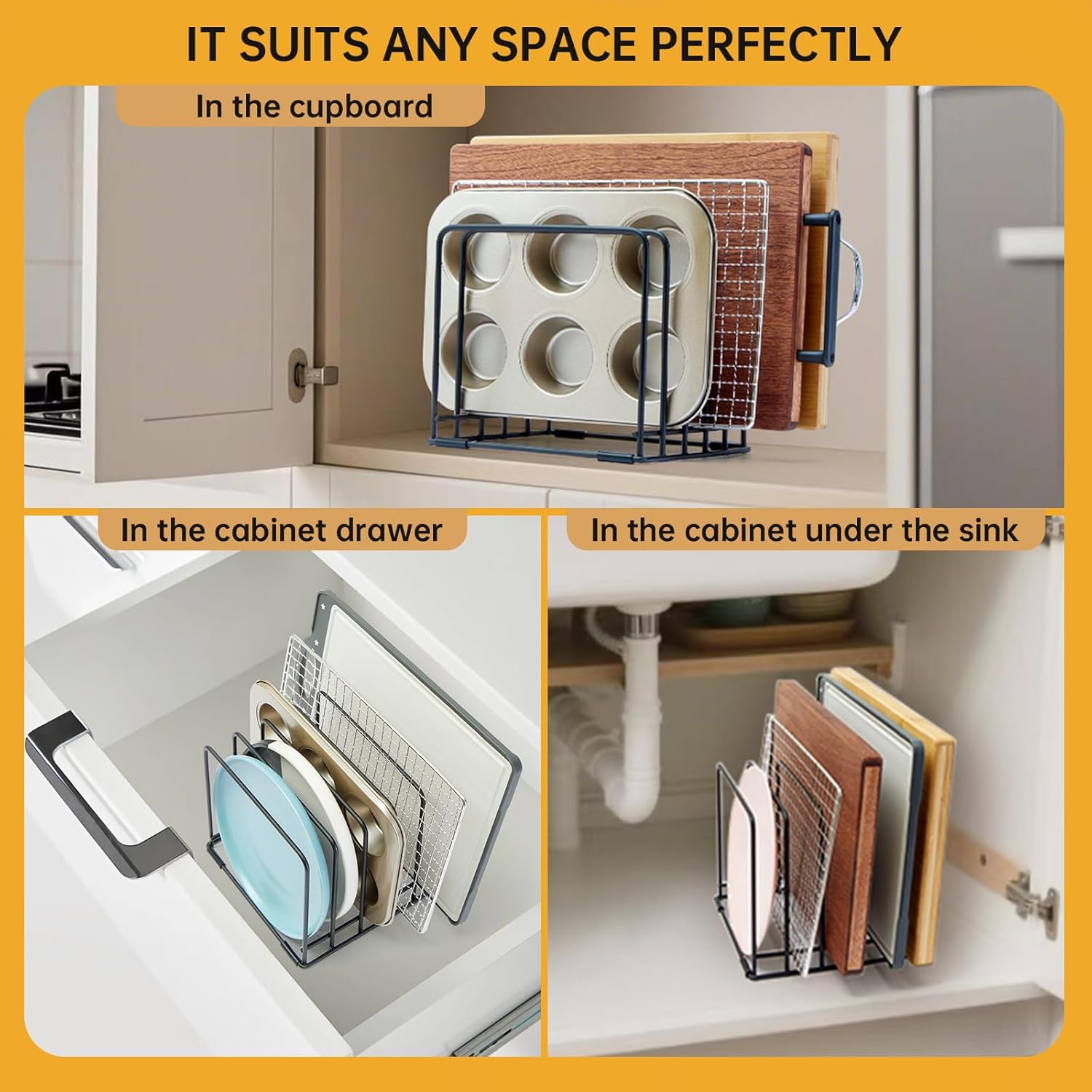 2-Pack 5-Tier Cutting Board Holder, Kitchen Cabinet Organizer Holder, Space-Saving Kitchen Storage for Cutting Boards, Bakeware, Trays,Thin Pans and Cookbooks, Baking Sheets Organizer