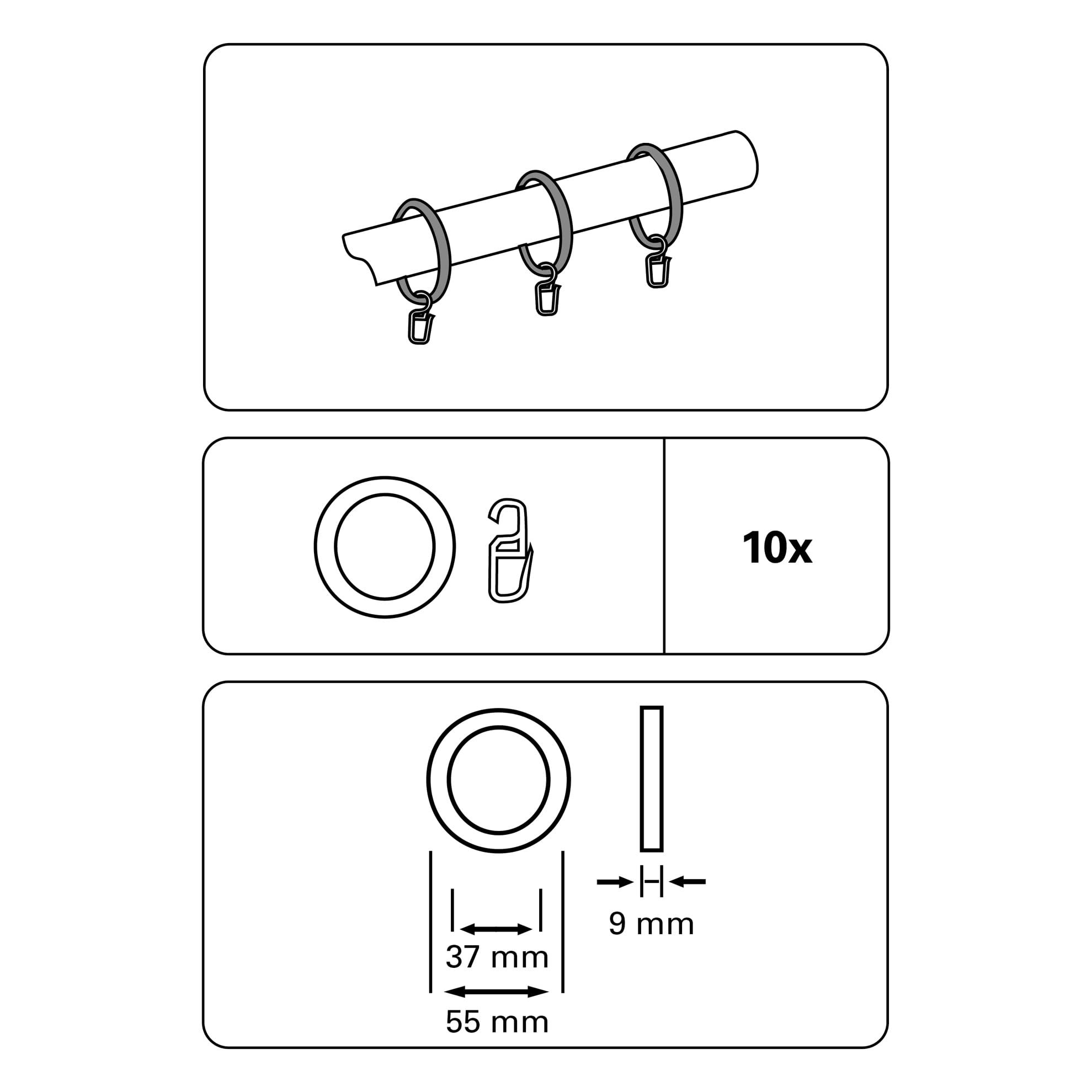 Image secondaire de Anneaux de Rideau Gardinia en Plastique Noir pour Tringles jusqu'à 28 mm - Lot de 10