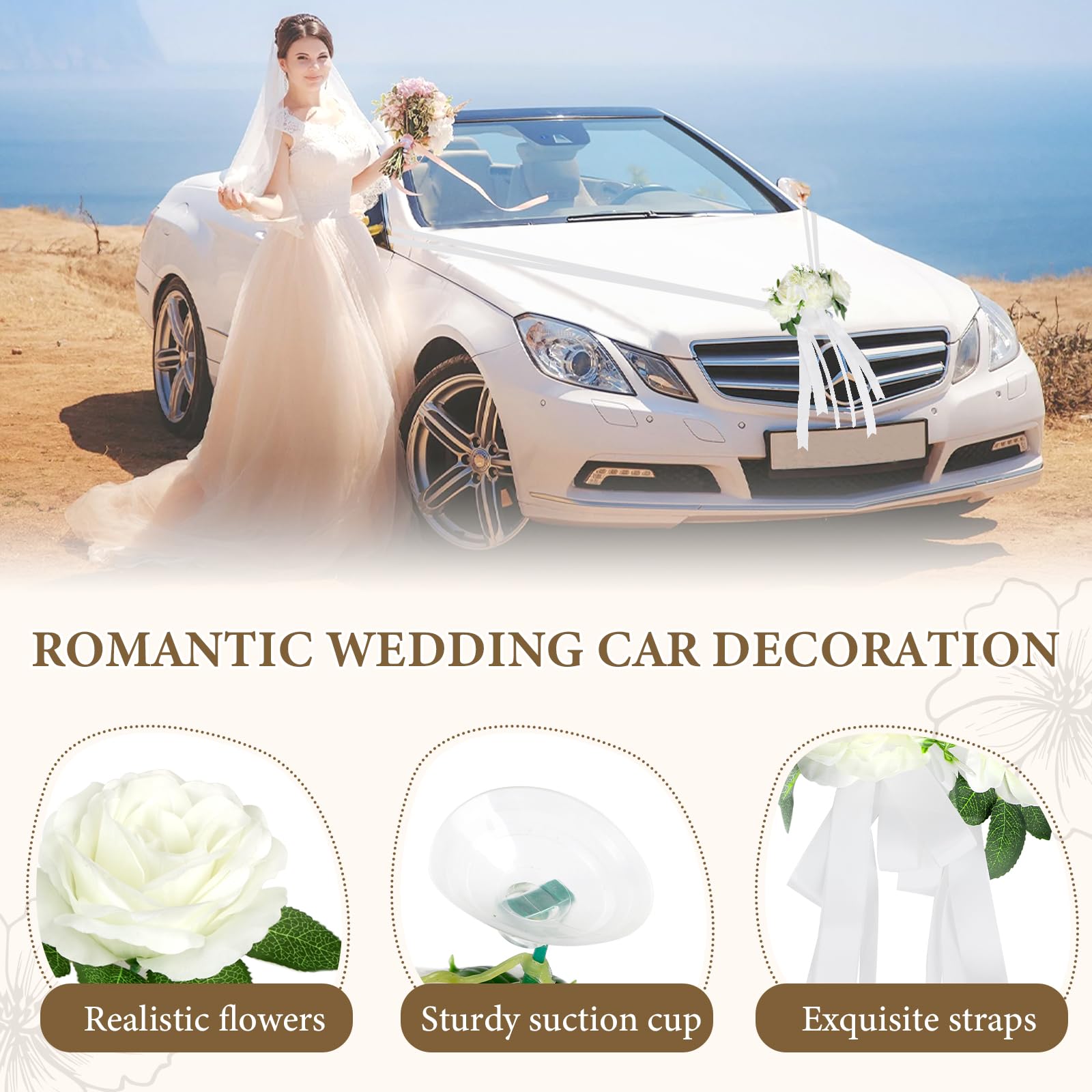 Decorazione Floreale Auto Matrimonio, Set Cofano Bianco con 3 Rose, Ventose, 2 x 4,4 m di Nastri, 4 Fiocchi e 1 Nastro Adesivo, Addobbi per Macchina da Sposa e Festa