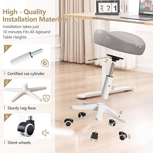 Miniatura 6 de Ergonomic Rolling Stool Height Adjustment for Salon Spa Massage Studio Kitchen Home, PU Leather Saddle Stool Chair with Swivel Wheels and Soft Seat