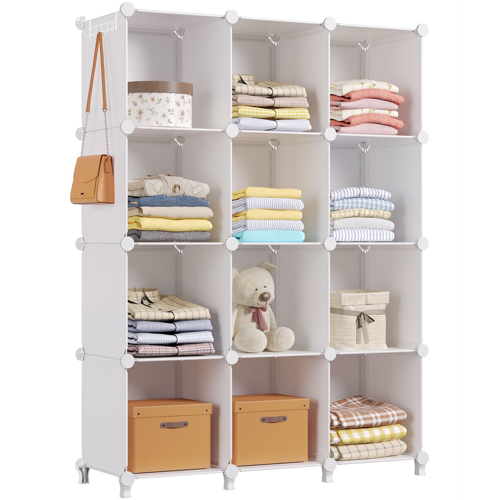 GREENSTELL Closet Organizer, 12-Cube Storage Organizer with Rubber Mallet, Portable Closet Storage Shelves, Clothing Storage for Kids, Closet, Bedroom, Office (11.8x11.8x11.8 inch), White