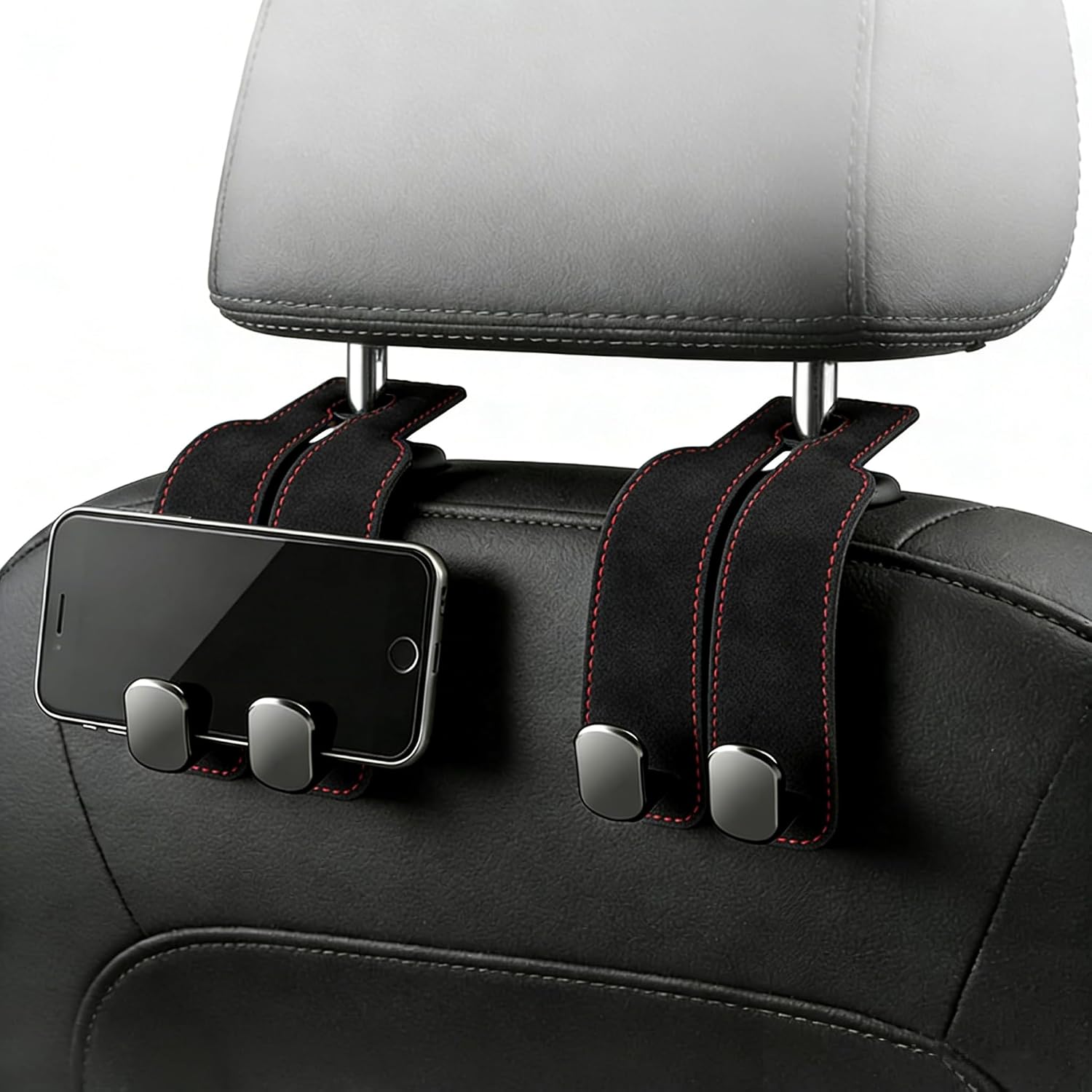 Car Seat Headrest Hooks, Leather Car Seat Back Hangers with Red Stitching, Hidden Organizer for Bags, Groceries, Umbrellas & Clothes (Black 4Pcs)