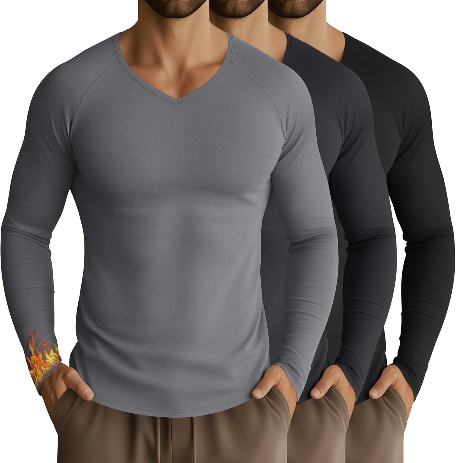 3 Pack Men's Thermal Shirts Big and Tall Fleece Lined Long Sleeve V Neck Base Layer Raglan Curved Hem Basic Warm Top