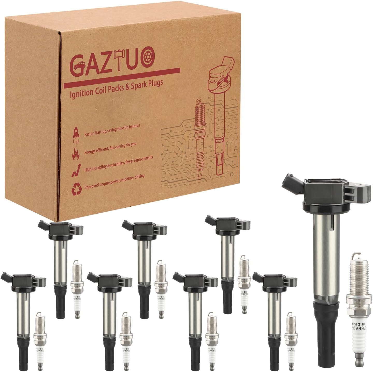 Ignition Coil Pack UF487 & Spark Plugs (Set of 8) - Compatible with Lexus GX460 LS460 LS600h LX570 Toyota Land Cruiser Sequoia Tundra 4.6L 4.7L 5.0L 5.7L V8 - Replaces #90919-02255 673-1309