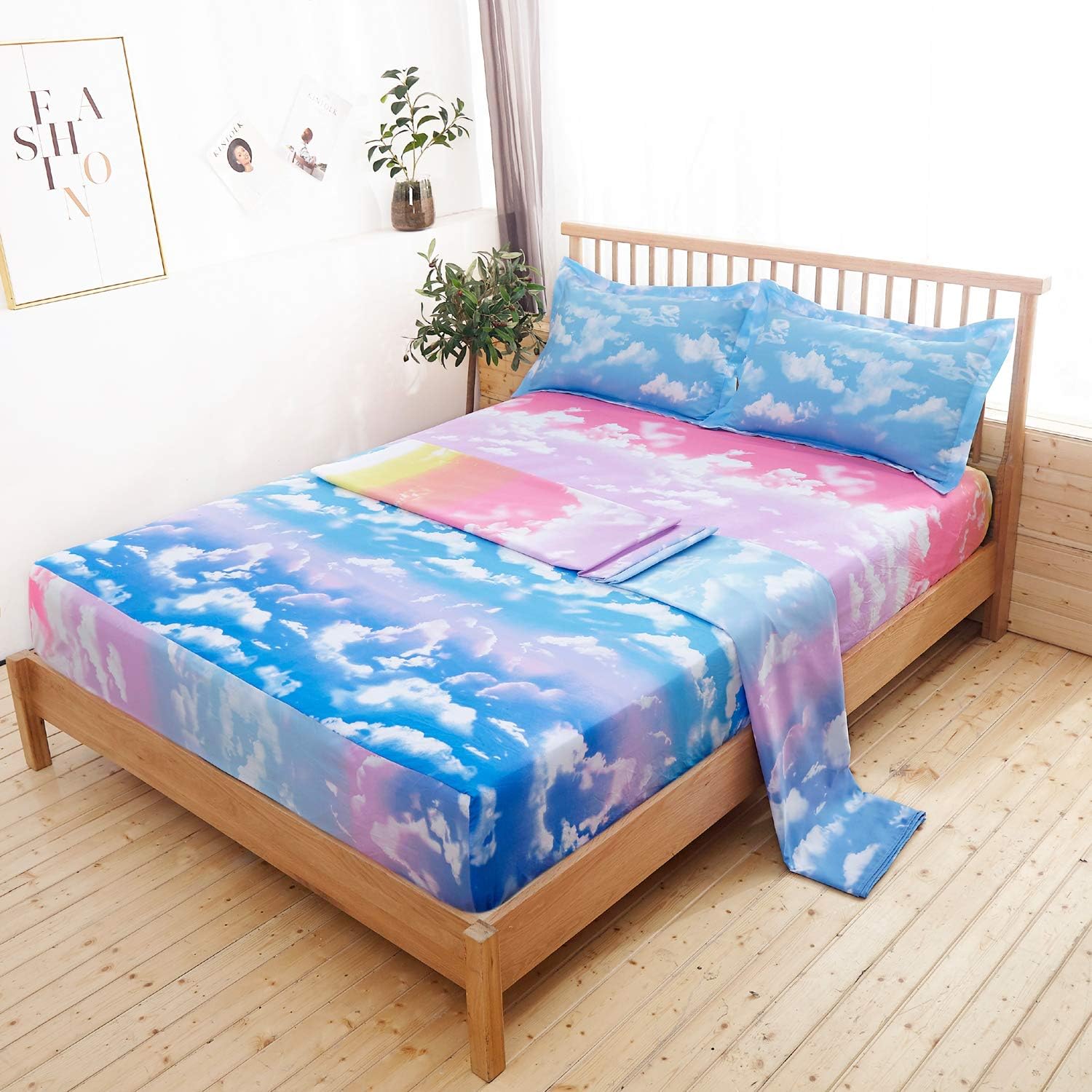 Mengersi Cloud Sky Sheet Set - Rainbow Bed Sheets - Extra Soft - Deep Pockets - 1 Fitted Sheet, 1 Flat, 2 Pillow Cases - 4 Piece (Queen, Pink and SkyBlue)