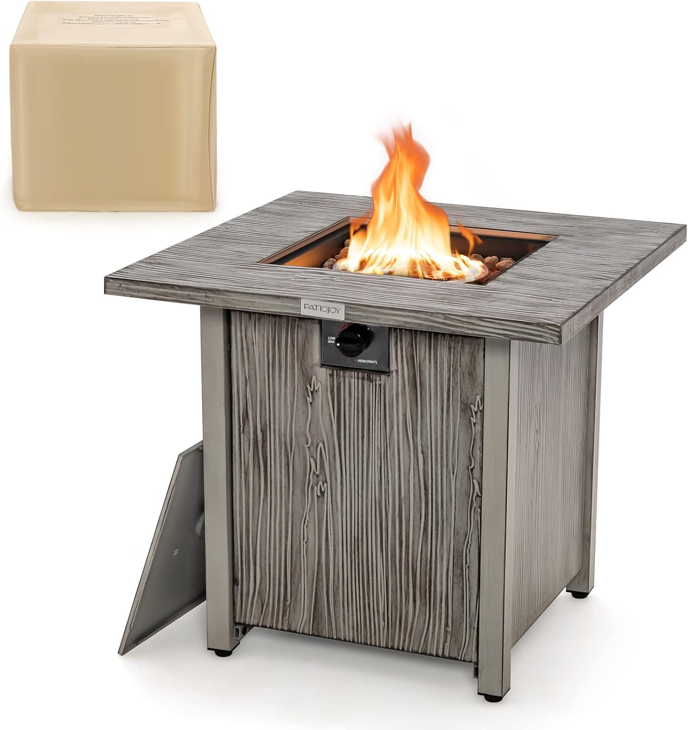 28'' Gray Wood-Look Propane Gas Fire Pit Table with Lid
