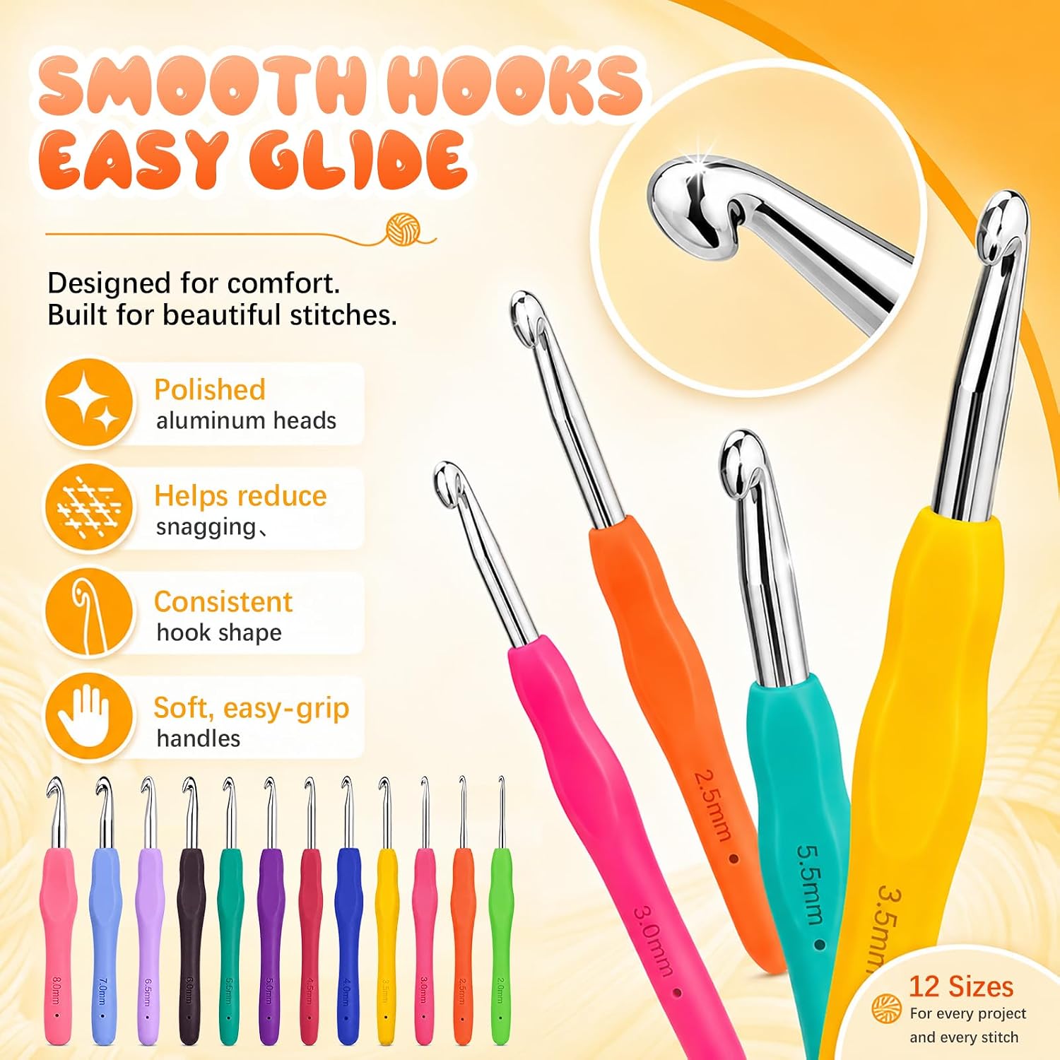 Crochet Hooks 12 Sizes Crochet Hook Set, 50 Pack Yarn Crochet Kit for Beginners, Knitting Needles with Ergonomic Handles for Arthritic Hands, Crochet Needle Kit with Blue Case for Crocheters