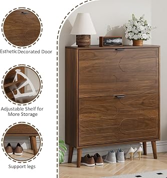 Shoe Cabinet Storage with 2 Flip Drawers, 31.5-inch Freestanding Shoe Organizer with Fluted Panel, Hidden Shoe Cabinet Storage Rack for Entryway