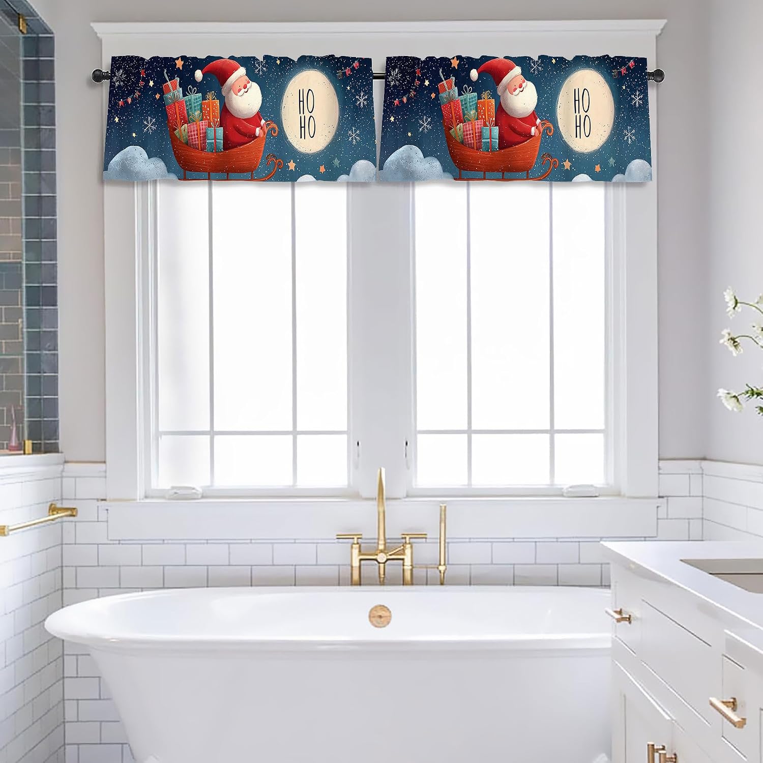 Christmas Valances for Windows 2 Pack,Rod Pocket Valance Curtains,Small Window Treatment Valances for Kitchen Living Room,Bedroom,Bathroom,Home Decor,18x52 Inch,2 Panel, Santa Claus Gift Snow