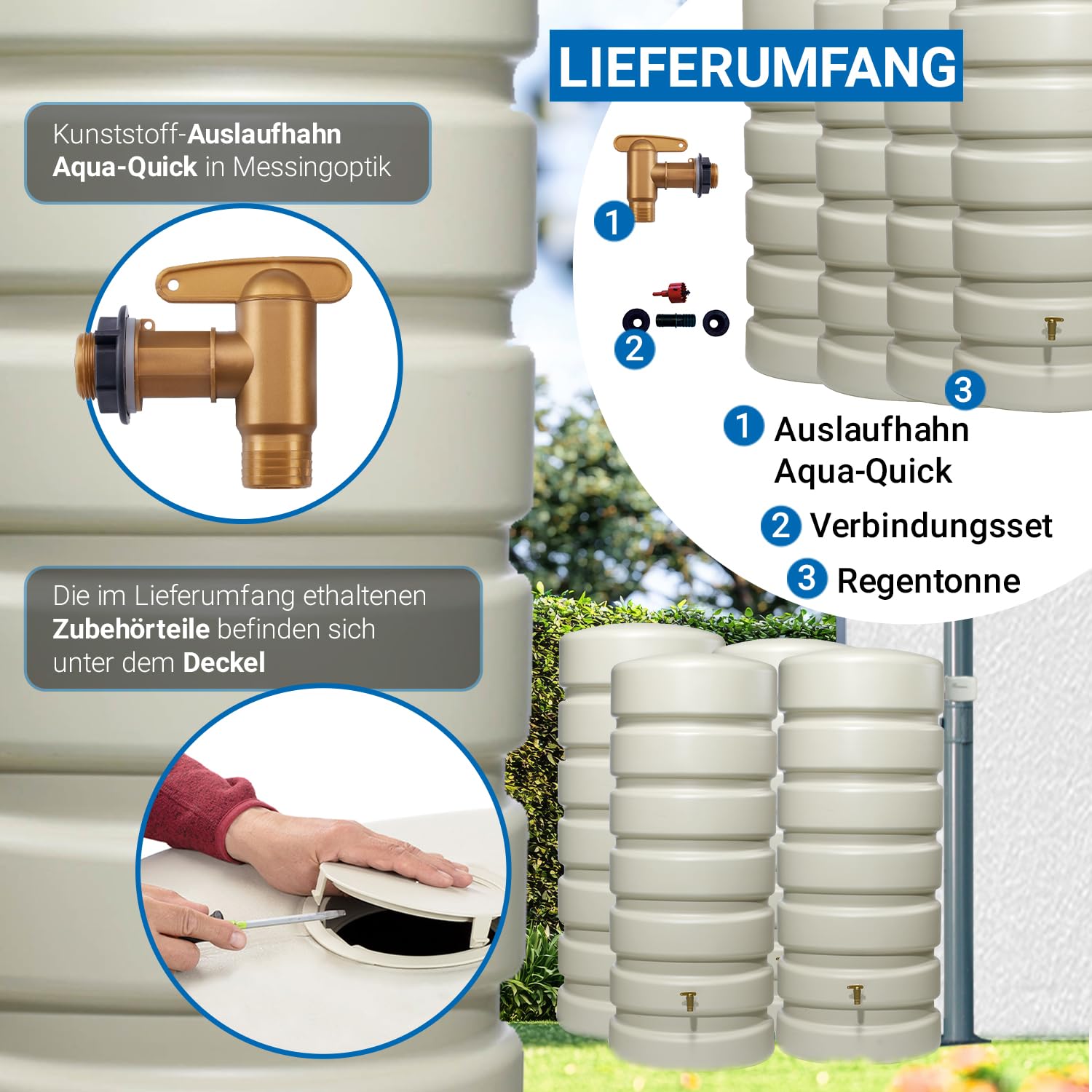 4rain Classic Regentonne-Set 2600 L sandbeige, 4 x Classic 650 Liter | inkl. Verbinder, Wassertank, Fass, Regenfass, Regenwassertonne, Regenwassertank, Wasserbehälter, Wassertonne, Wasserfass