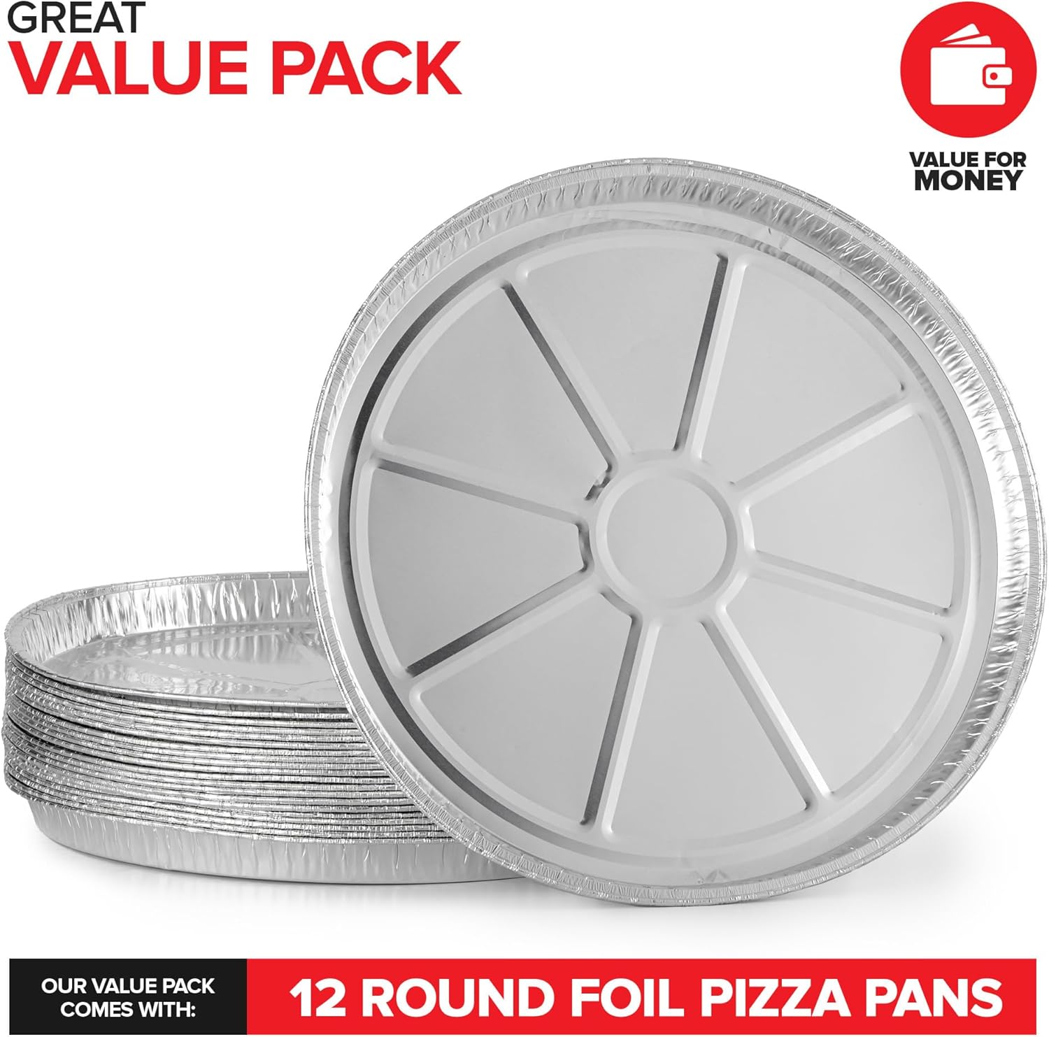 Stock Your Home 12 Inch Aluminum Pizza Pans Disposable (12 Pack) Round Foil Focaccia Pan for Individual Personal Pizzas, Giant Size Chocolate Chip Cookie Cake Tin, Large Serving Trays, Platter Tray