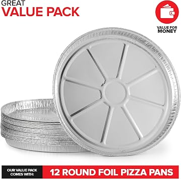 Stock Your Home 12 Inch Aluminum Pizza Pans Disposable (12 Pack) Round Foil Focaccia Pan for Individual Personal Pizzas, Giant Size Chocolate Chip Cookie Cake Tin, Large Serving Trays, Platter Tray