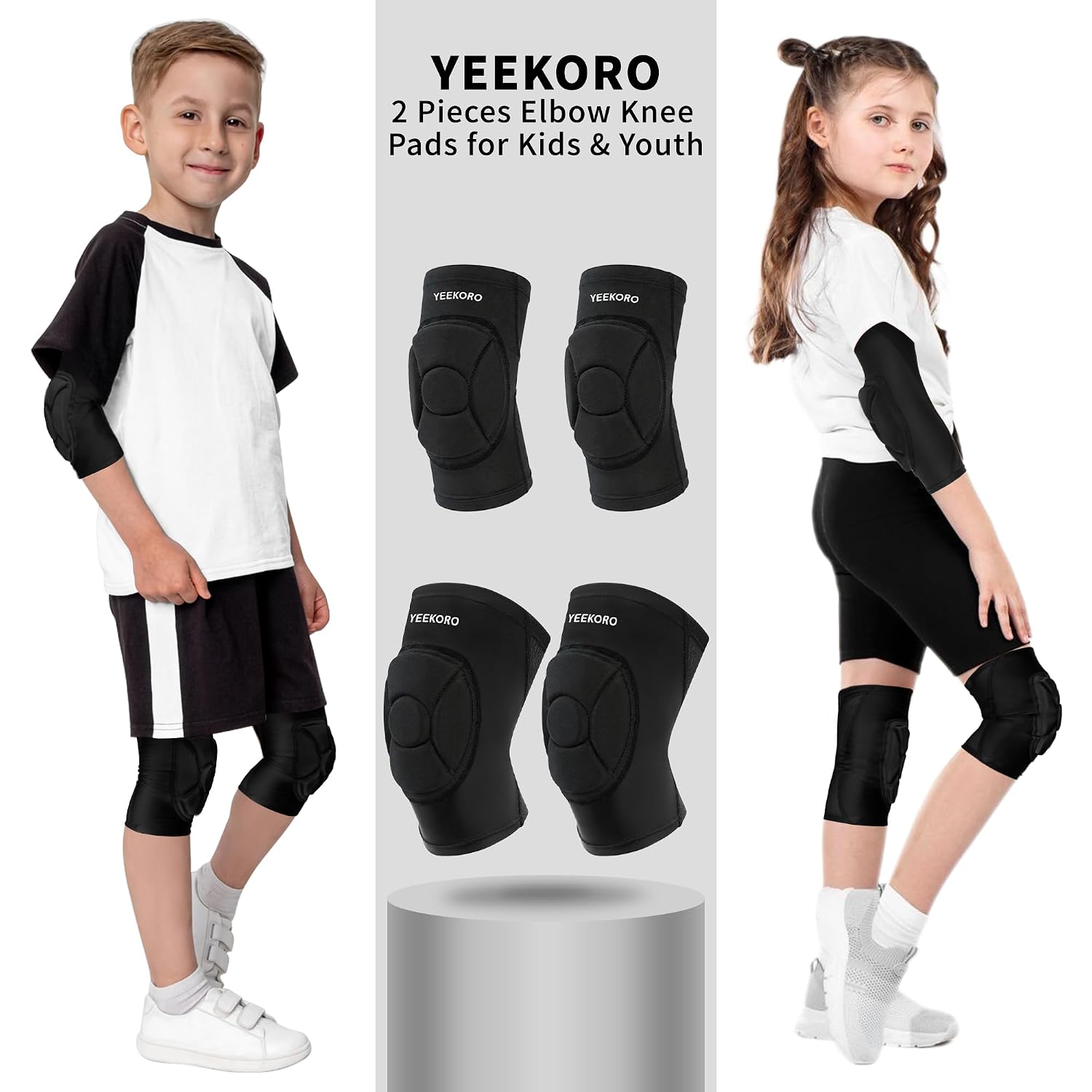 Kids/Youth Knee Pads + Elbow Pads, Compression Support Sleeve with Thickened Pad, Breathable & Lightweight Protective Gear for Basketball Wrestling Football Volleyball Snowboarding Dance(S)