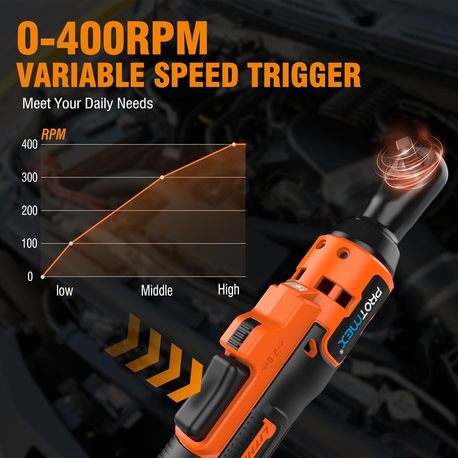 Diagram showing the 0-400 RPM variable speed trigger on the Protmex ratchet wrench, illustrating how trigger pressure affects rotation speed.
