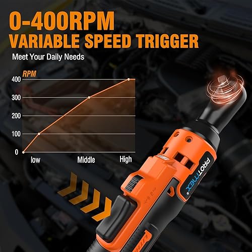 Miniatura 4 de Protmex Llave de trinquete inalámbrica de 38 pulgadas, trinquete eléctrico de 60 pies-libras (80 N.m) con batería de 21 V, 2 x 2.0 Ah, juego de