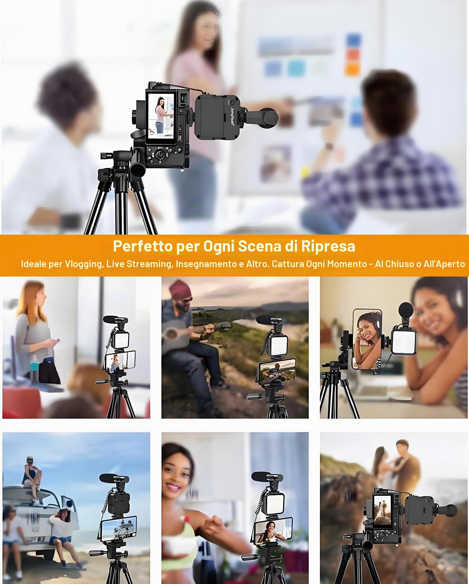 Kit di presa video Vlog professionale per smartphone e fotocamera: microfono, luce LED, treppiede regolabile, supporto telefono, ideale per YouTube, TikTok, Live Streaming, fotografia