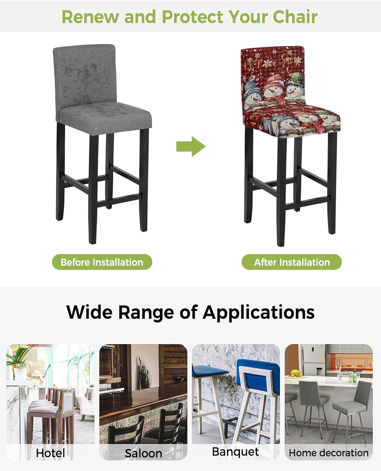 Christmas Winter Bar Stool Chair Covers Set of 2 with Back, Stretch Barstool Slipcovers Washable, Snowflake Snowman Plaid Red Pub Counter Height/Swivel/Cafe/Dining Room Chairs Seat Furniture Cover