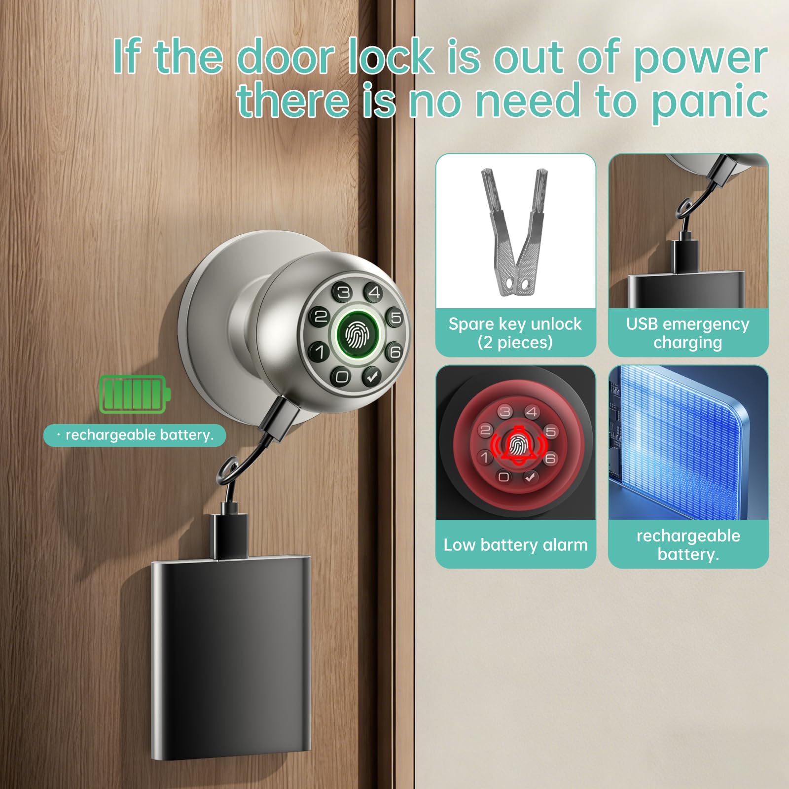 Serrure de porte à empreintes digitales – Bouton de porte intelligent, serrure de porte biométrique avec clavier et code de passe pour chambre à coucher, bureau à domicile (argenté)