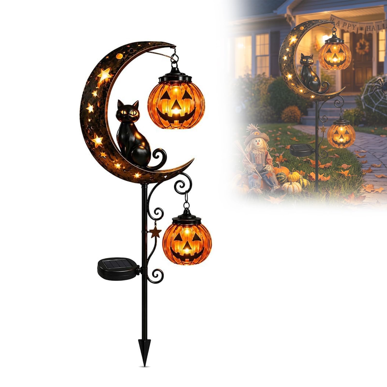 Solar Halloween Black Cat & Pumpkin Moon Garden Stake Light, Outdoor Waterproof LED Yard Decoration, Hanging Lantern Lantern for Garden, Patio, Walkway, Porch