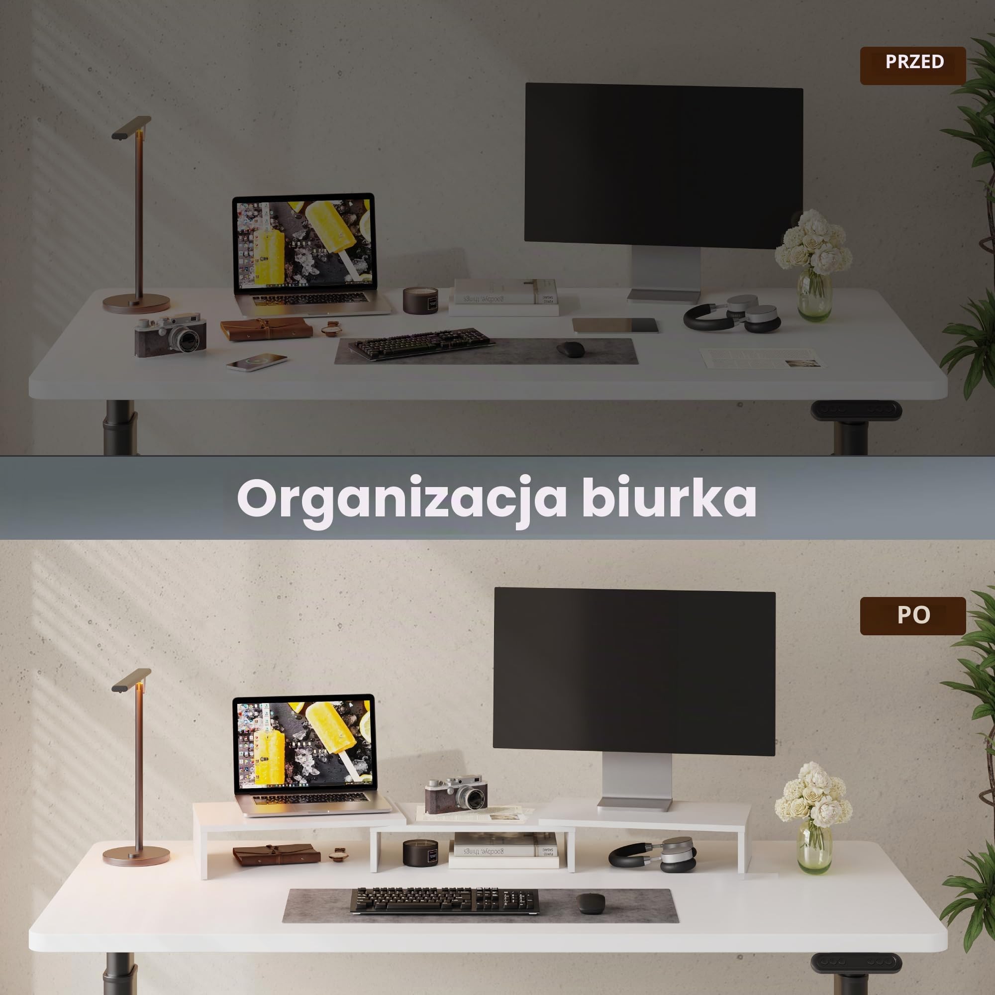 FITUEYES Podwójny stojak na monitor, regulowana długość i kąt obrotu, biały