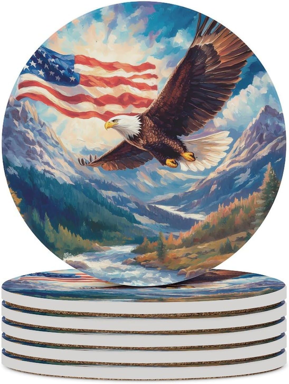 Ea-gles and U.S. Flag Round Ceramic Coasters Print Drinks Absorbent with Cork Base for Home Decor Gifts 4 Inch
