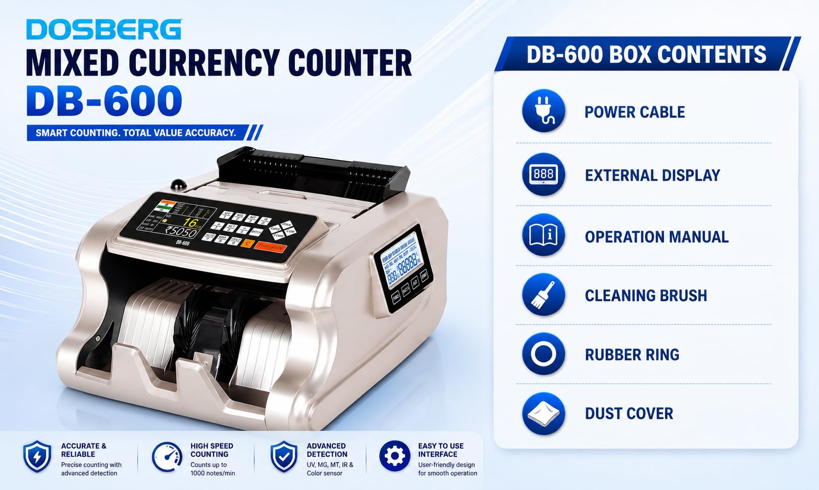 Dosberg 2026 New Automatic Mixed Note Value Counting Machine I DB-600 - Currency Counter with Fake Note Scan Detection I Compact, Portable & Heavy Duty I Dual Machine Display I Quick Cash Counting 4