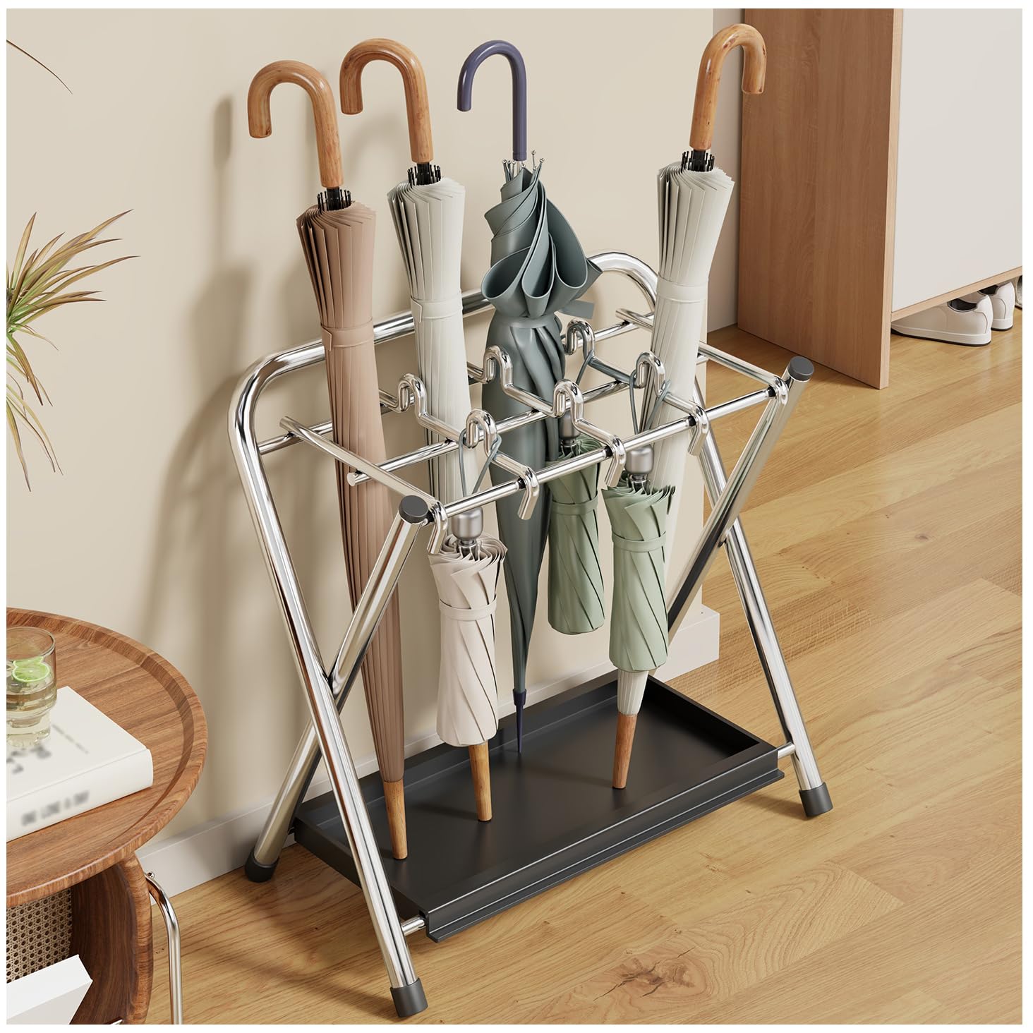 Porte-parapluie pliable en métal avec bac égouttoir amovible