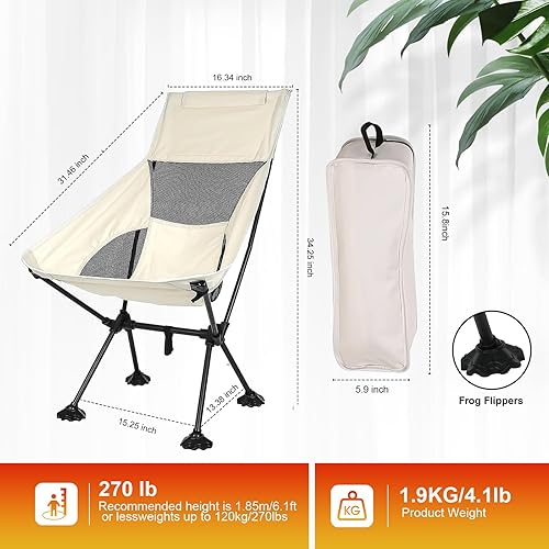 Miniatura 2 de IEJ Silla de camping ultraligera con respaldo alto, silla plegable portátil con almohadillas antihundimiento, soporta hasta 300 libras, compacta y