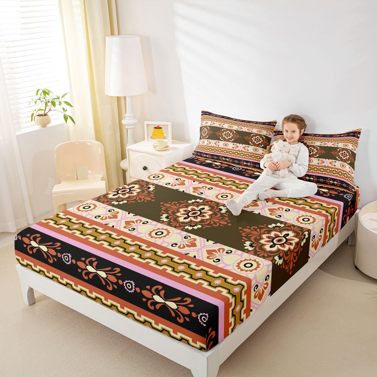 Castle Fairy Orange Printed Kids Twin Size Fitted Sheet,Aztec Flower Polyester Microfiber Bed Fitted Sheet & Pillowcase，Boho Floral Wrinkle Resistant Bedding,Retro Patchwork All Season Bedding