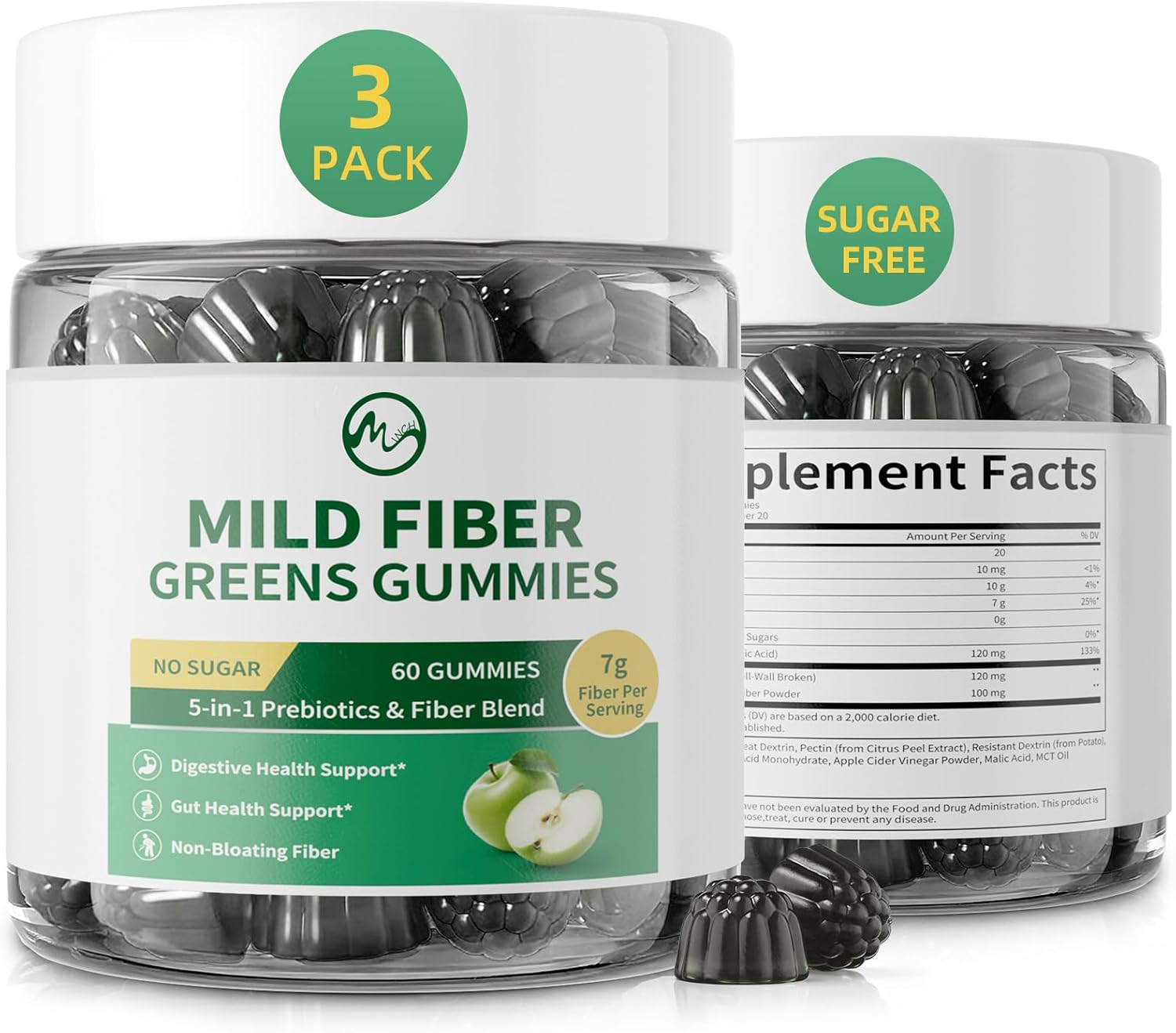 M inch Fiber Gummies for Adults Women Men Sugar Free - Fiber Supplement Support Digestive, Gut & No Bloating* - 7g High Fiber per Serving, Daily & Soluble, 3 Pack, Apple Flavor, Vegan, Non GMO
