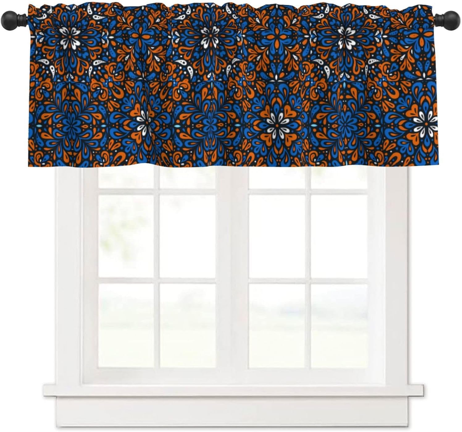 Valance for Windows Boho Blue Orange Flower Tile Kitchen Curtains Valances Rod Pocket Vintage Floral Window Treatment Short Topper Curtains 1 Panel, 54x18inch