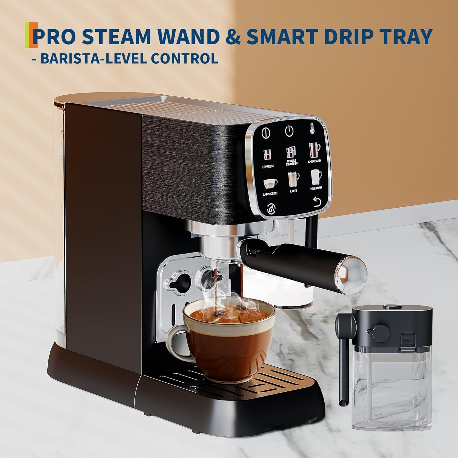 Fully Automatic Coffee Machine 20 Bar Pressure, Touchscreen Control, Adjustable Temperature, Quick Heating, Removable Water Tank, Milk Frother, Stainless Steel for Home Kitchen