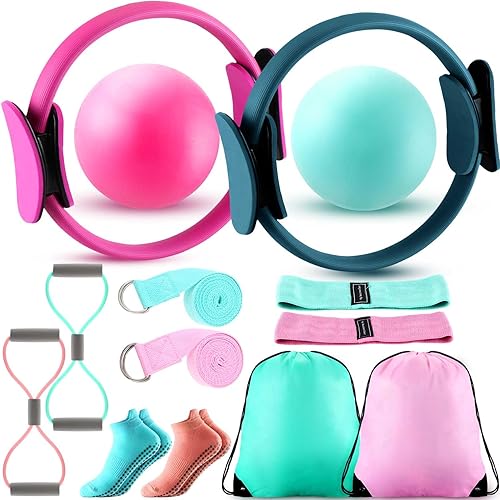 Poen Juego de anillos de pilates y pelota para mujer, anillo de pilates, bola circular con correa de estiramiento, 8 bandas de resistencia,