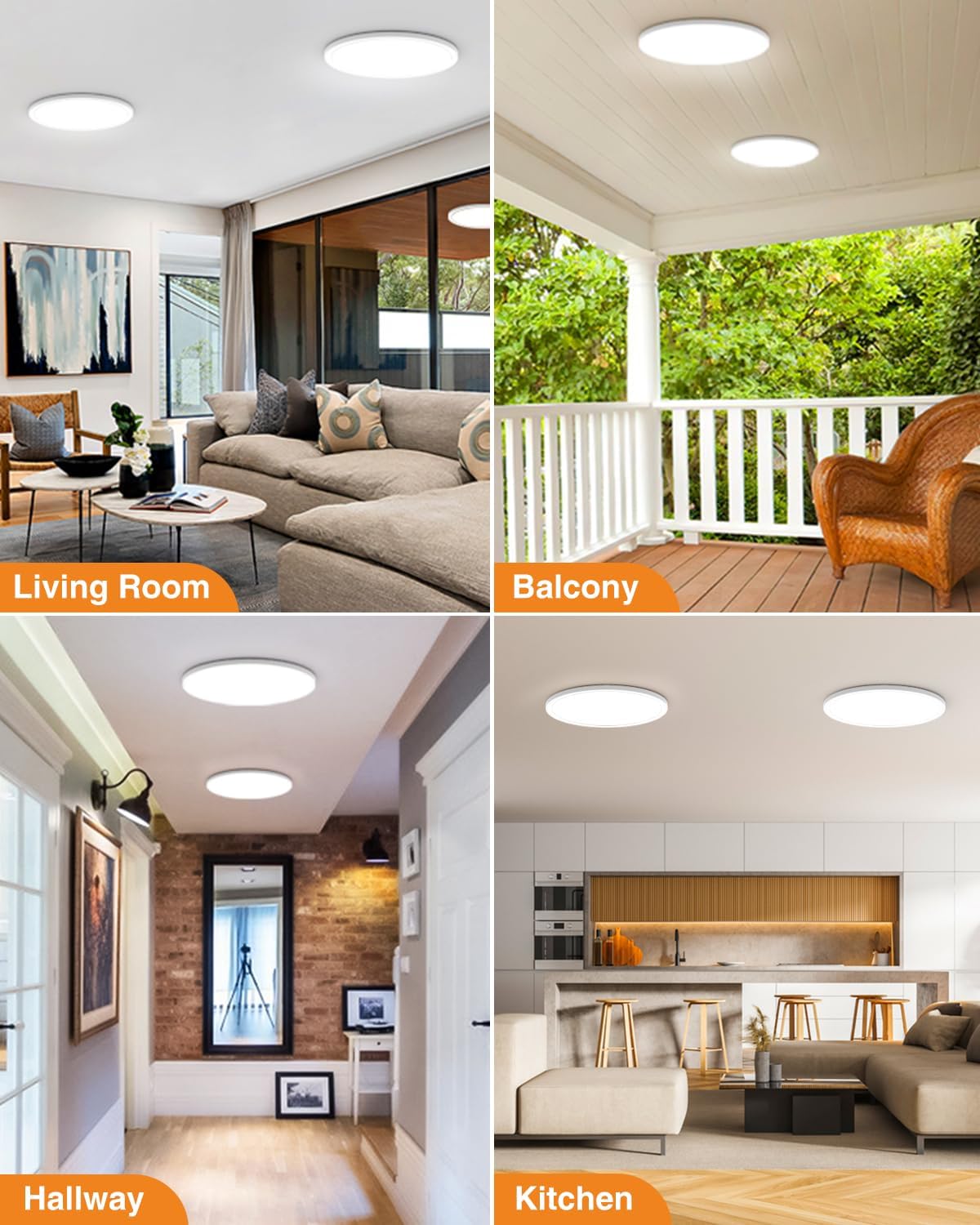 Four images showing the slochi LED ceiling light installed in different rooms: a living room, a balcony, a hallway, and a kitchen, demonstrating its versatile application.