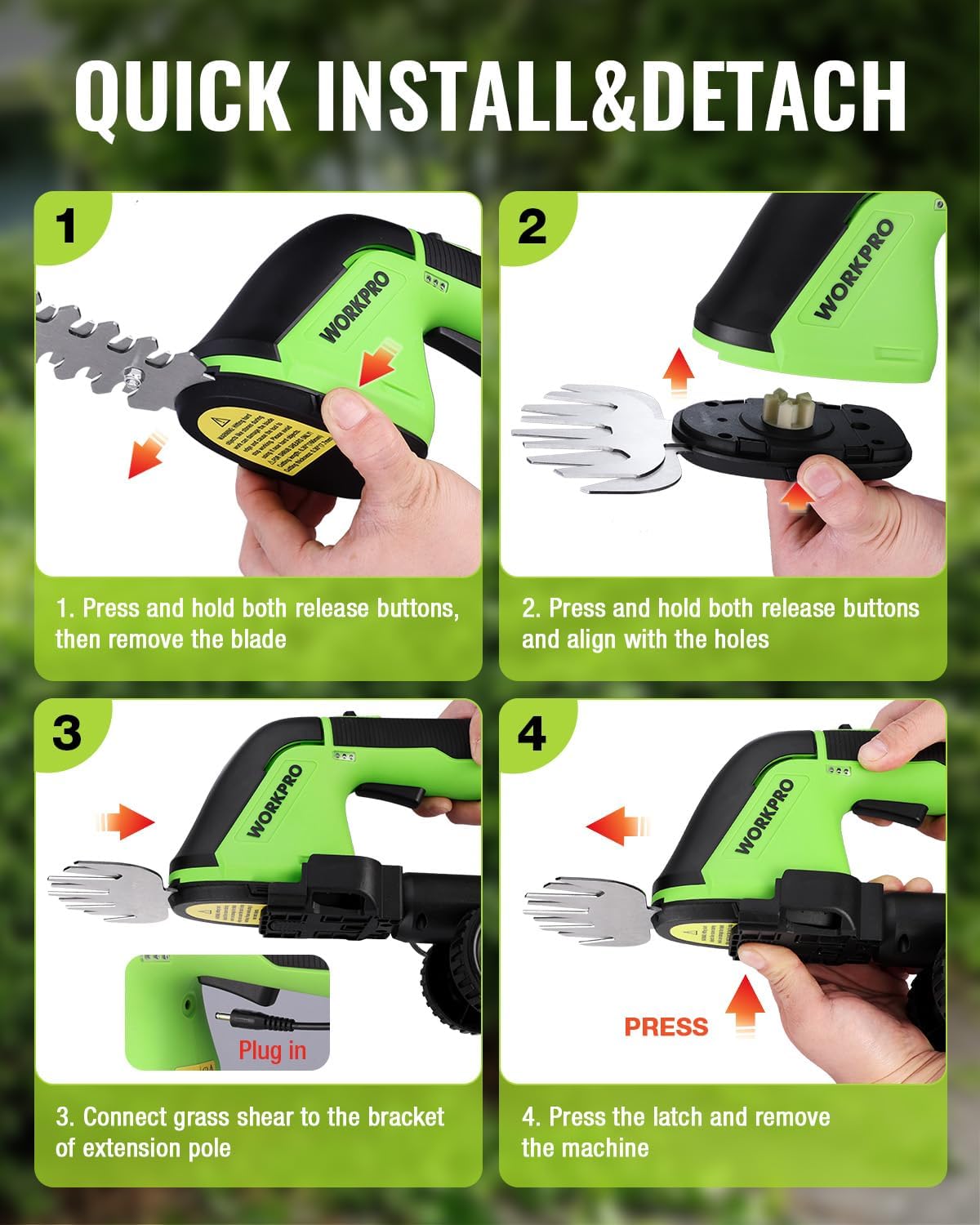 WORKPRO 12V Cordless Grass Shear, 2-in-1 Electric Hedge Trimmer & Grass Cutter, with 37’’ Wheeled Extension Pole, 2.0Ah Battery, 1-Hour Fast Charger, Lightweight Bush Trimmer for Lawn and Garden